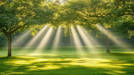 Poster - Sunbeams filtering through lush green trees illuminating a grassy field