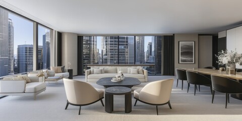 Wall Mural - Modern Living Room with Cityscape View and Elegant Decor