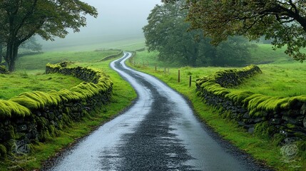 Wall Mural - Misty Road Winding Through Green Irish Countryside