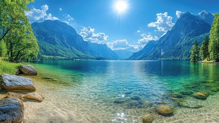 Wall Mural - Serene Mountain Lake Under Bright Sunshine