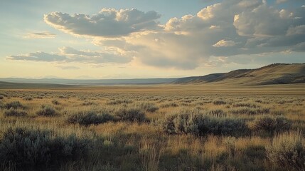 Sticker - Serene Sunset Over Vast Grassland Plains And Distant Mountains