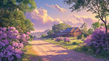 Poster - Rural Farmhouse Sunset Landscape With Lilacs