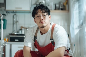 Young man with glasses and curly hair sitting in a modern kitchen, wearing red overalls and a casual shirt