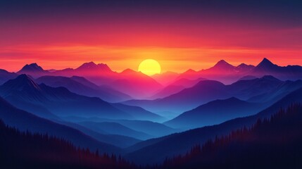 Poster - Sunrise over majestic mountain range with vibrant colors in the sky and desert landscape