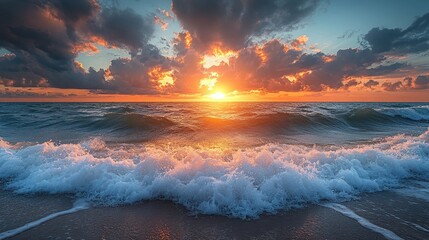 Wall Mural - Dramatic Ocean Sunset Waves Crashing on Shore