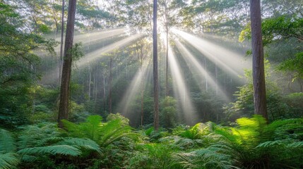 Poster - Sunbeams Illuminate Lush Forest Ferns and Trees