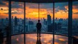 © munha - Businessman silhouetted against a vibrant cityscape sunset, viewed from a high-rise office.
