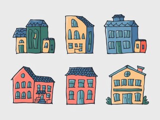 Wall Mural - Colorful Hand Drawn Houses Illustration Collection