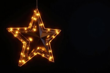 Wall Mural - Golden star shaped hanging light against black background, glitter, hanging