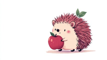 Aufkleber - Cute illustrated hedgehog carrying a shiny red apple while exploring a whimsical forest. Generative AI