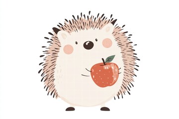 Poster - Illustrated hedgehog carrying a bright red apple in a whimsical and cheerful manner. Generative AI