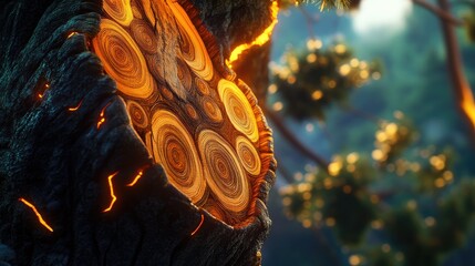 Wall Mural - Glowing Tree Rings in a Forest Setting - Illuminated Tree Trunk with Blurred Background