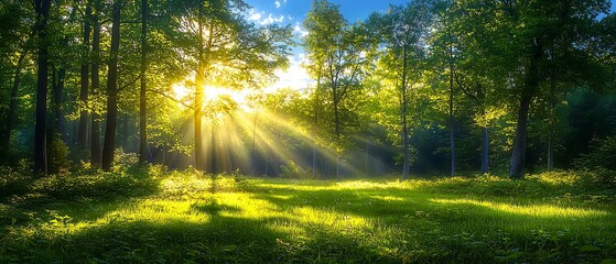 Serene forest scene during early morning, lush green trees with sunlight streaming through the foliage, casting golden rays onto the grass