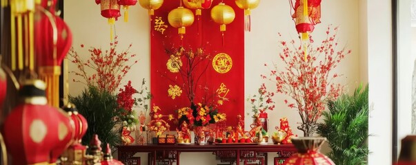 Wall Mural - Vibrant Indoor Chinese New Year Decorations Featuring Lanterns and Ornaments