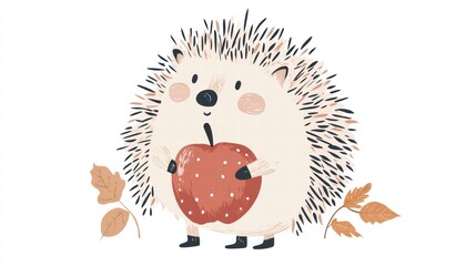 Poster - Charming illustrated hedgehog with a red apple on its back surrounded by autumn leaves in a whimsical forest setting. Generative AI
