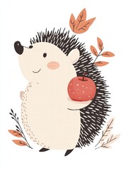 Poster - Cute hedgehog holding an apple surrounded by autumn leaves in a playful and colorful illustration. Generative AI