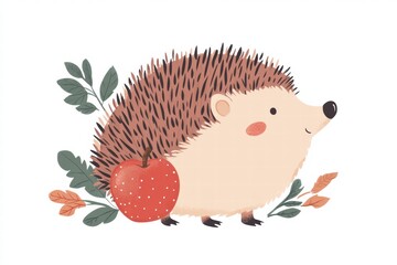Poster - Charming illustrated hedgehog with a bright red apple nestled on its back among colorful foliage. Generative AI