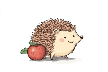 Poster - Cute hedgehog character with a shiny red apple on its back in a playful illustration. Generative AI