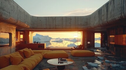 Poster - Modern Concrete House Overlooking Arctic Icebergs Sunset