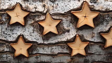 Wall Mural - Decorative wooden stars affixed to a rustic tree bark background in natural setting