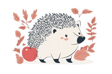 Aufkleber - Illustrated hedgehog carrying a red apple on its back amidst autumn leaves in a whimsical setting. Generative AI