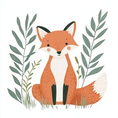 Poster - Illustrated fox sitting peacefully among minimalist leaves in a tranquil natural setting. Generative AI