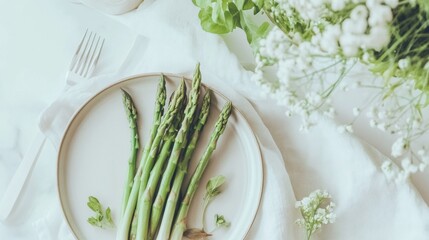 Canvas Print - Minimalist Spring Table Setting with Asparagus Salad on Ceramic Plate