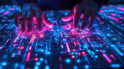 Wall Mural - hands interacting with a futuristic digital interface