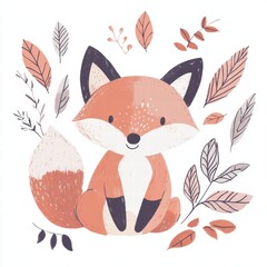 Poster - Illustrated fox sits quietly among minimalist leaves in a playful, charming design. Generative AI