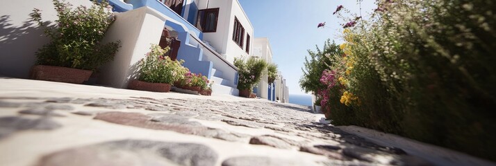 Sunny coastal town street, flowers, Mediterranean sea view, travel postcard