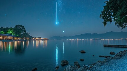 Wall Mural - Night Sky Meteor Over Calm Lake And Lakeside Buildings