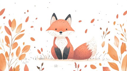 Poster - Illustrated fox sitting among minimalist leaves in a serene autumn setting with gentle colors. Generative AI