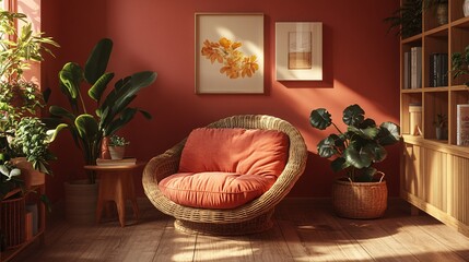 Wall Mural - Cozy seating area with warm colors and lush plants creating a serene atmosphere