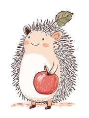Poster - Illustrated hedgehog carrying a bright red apple with a green leaf on its back. Generative AI