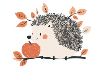 Poster - Hedgehog with an apple resting on a branch surrounded by autumn leaves in a whimsical illustration. Generative AI
