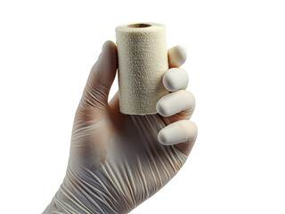 Hand Holding Medical Bandage Roll in Latex Glove Isolated on transparent background