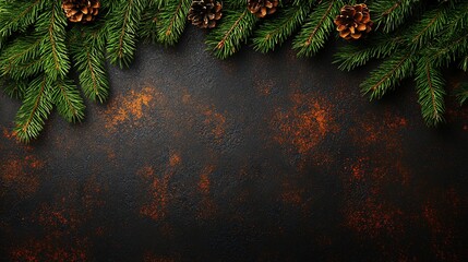 Wall Mural - Decorative pine branches and pinecones arranged on a dark textured background