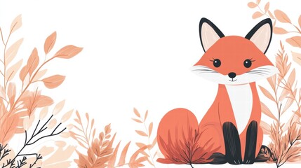 Poster - Illustrated fox sitting peacefully among minimalist leaves in a serene nature setting. Generative AI