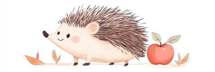 Poster - Charming hedgehog with a bright red apple resting on its back among autumn leaves in a cheerful setting. Generative AI