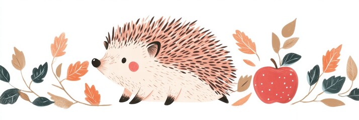 Poster - Charming hedgehog with a bright red apple resting on its back among colorful foliage. Generative AI