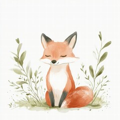 Aufkleber - Illustrated fox peacefully sitting among minimalist leaves in a serene natural setting. Generative AI