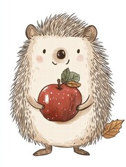Poster - Cute hedgehog holding a red apple on its back in a whimsical forest setting. Generative AI