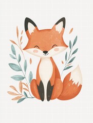 Poster - Charming illustrated fox sitting contentedly among minimalist leaves in a serene, whimsical style. Generative AI