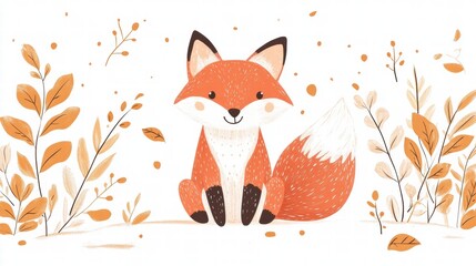 Poster - Illustrated fox sits calmly among minimalistic autumn leaves in a serene environment. Generative AI