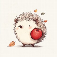 Poster - Illustrated hedgehog joyfully carrying a bright red apple on its back amidst falling leaves in autumn. Generative AI