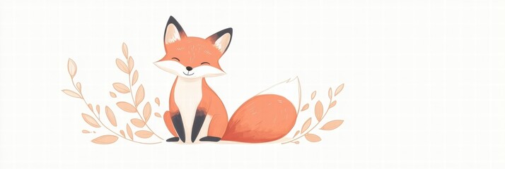 Poster - Illustrated fox sitting quietly among minimalist leaves, showcasing a gentle expression and playful demeanor. Generative AI