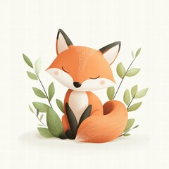 Poster - Cute illustrated fox sitting calmly among simple green leaves in a serene, minimalist setting. Generative AI