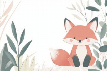 Poster - Fox sits quietly among simple green leaves in a serene, minimalist environment. Generative AI
