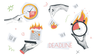 Aufkleber - Deadline vintage collage conception set in retro halftone design. Collection with hands holding burning documents and countdown alarmclock, pointing to clock with time ending. Vector illustration.