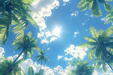 a vibrant view of palm trees against a clear blue sky, perfect for tropical themes and relaxation im